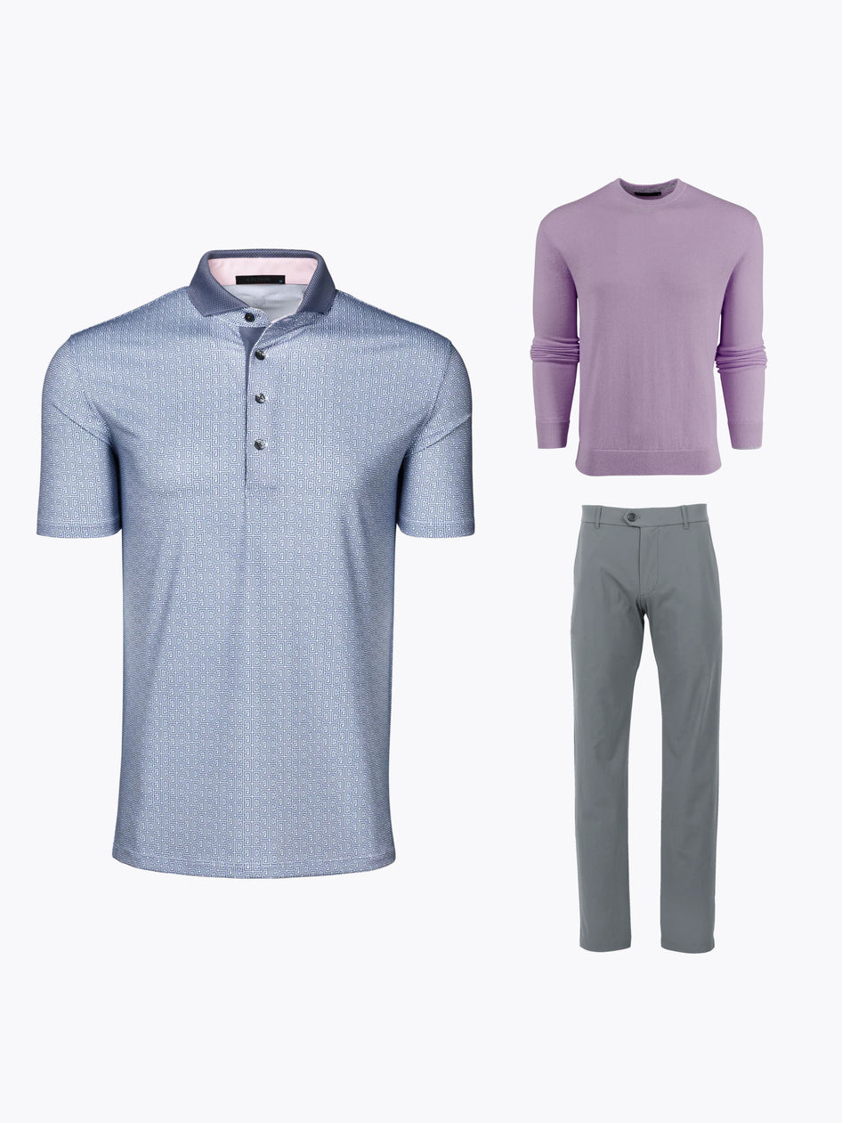 Caleb Surratt US Open 2026 Bundle - Blue Greek Key Polo, Lavender Crewneck & Grey Performance Trouser | Greyson Clothiers