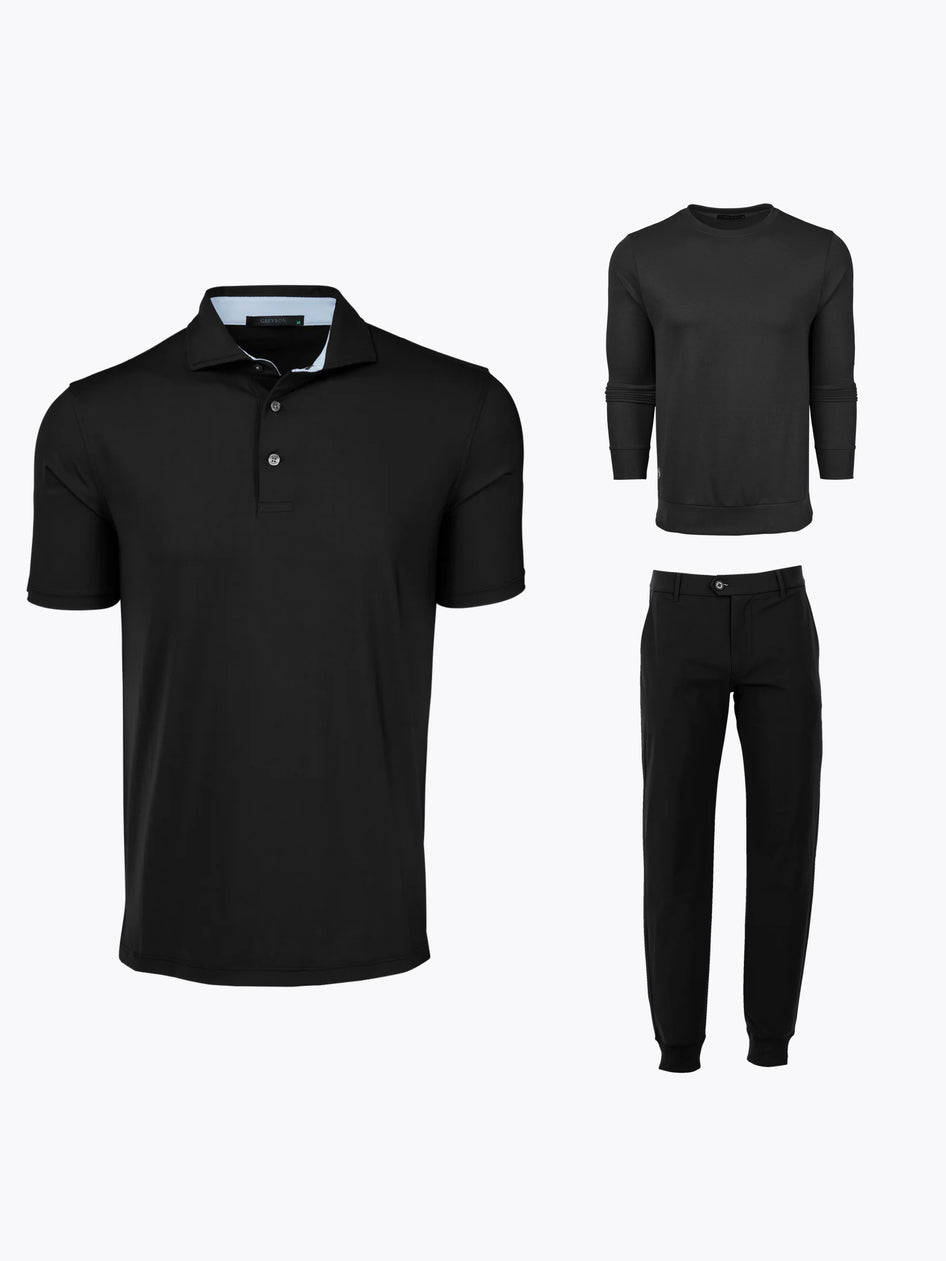 Black Men's Premium Golf Bundle - Polo, Crewneck & Jogger Pant Outfit Lay | Greyson Clothiers