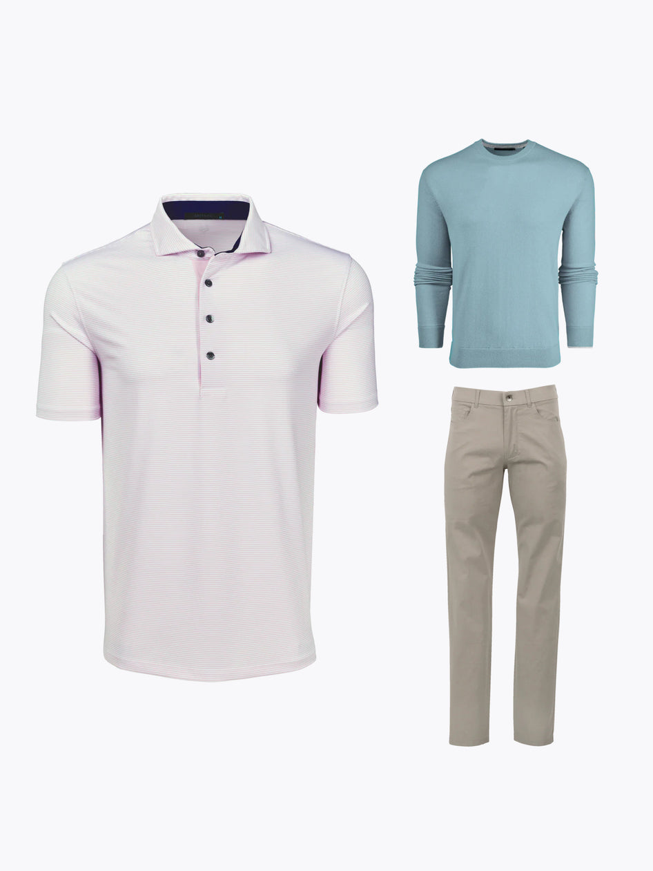 Pink Stripe Golf Polo, Blue Crewneck Sweater & Tan 5-Pocket Pant Bundle - Styled Flat Lay | Greyson Clothiers
