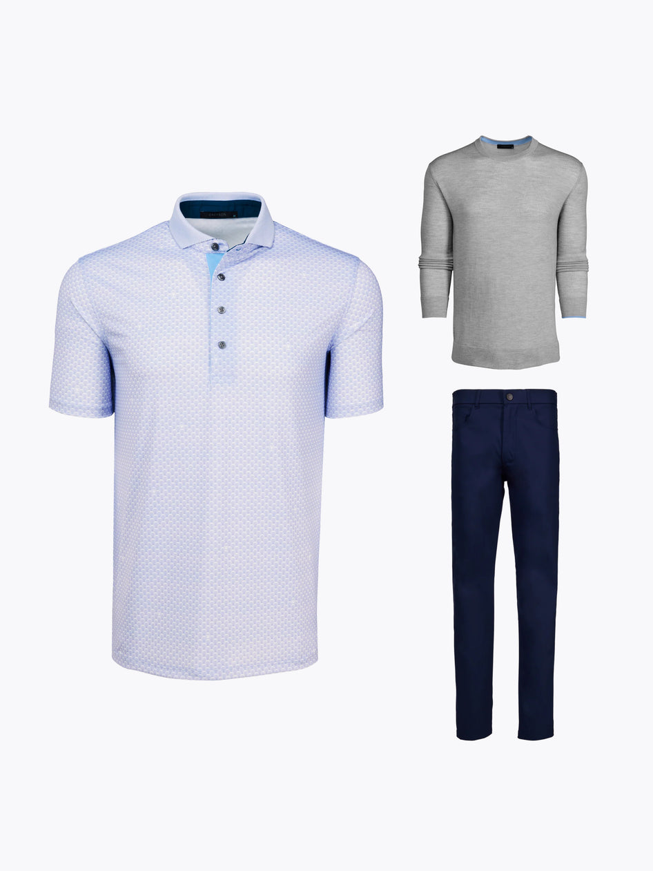 Elvis Smilie Saturday Bundle - Light Blue Print Polo, Heather Grey Sweater & Maltese Blue Pants | Greyson Clothiers