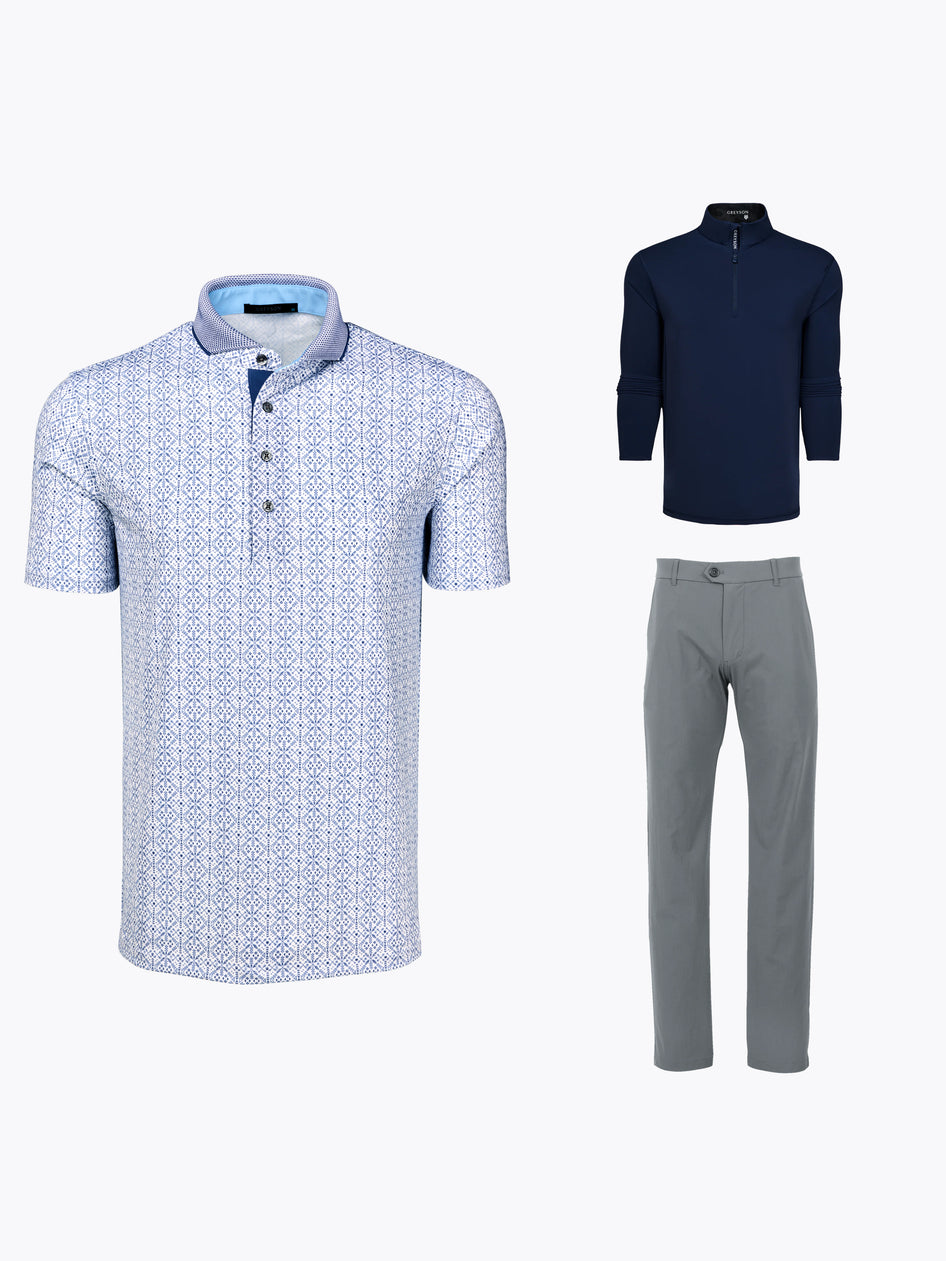 Harry Higgs US Open Bundle - Blue Geometric Print Polo, Navy Quarter-Zip & Grey Golf Trouser | Greyson Clothiers