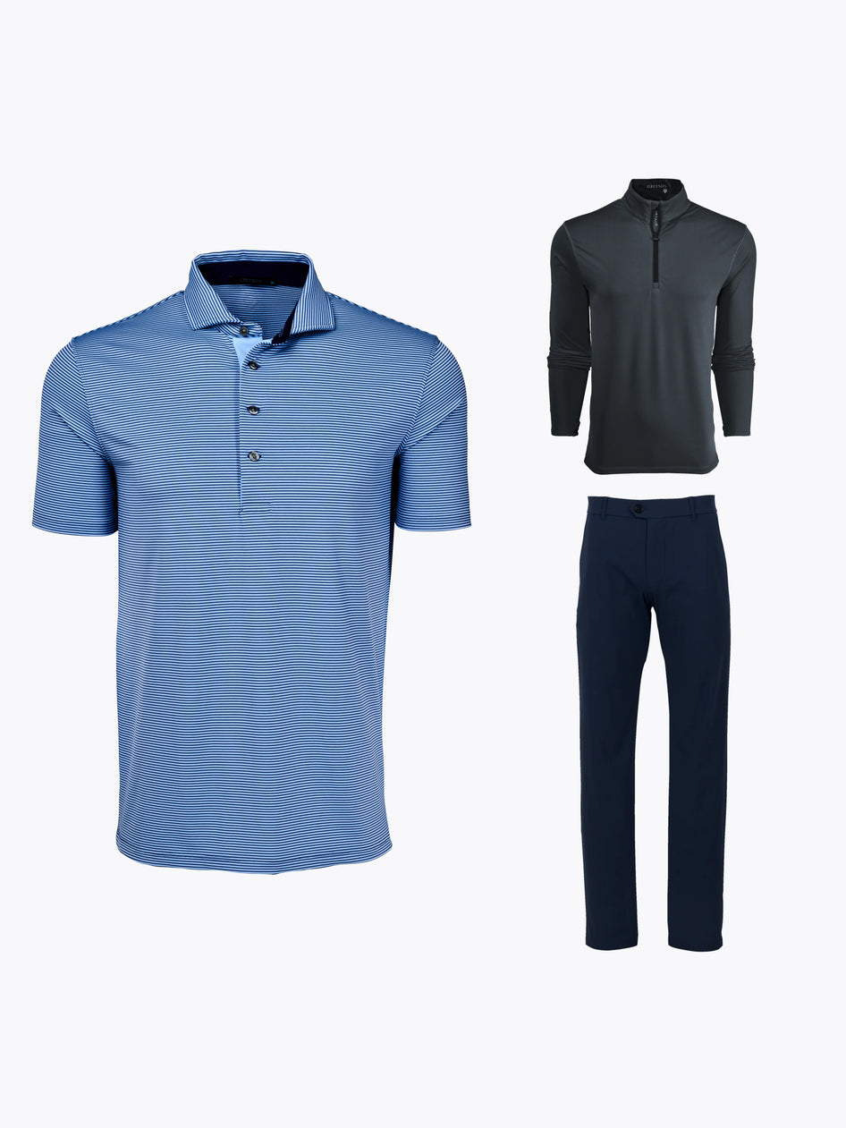 Harry Higgs US Open Friday Bundle - Blue Stripe Polo, Charcoal Quarter-Zip & Navy Golf Trouser | Greyson Clothiers