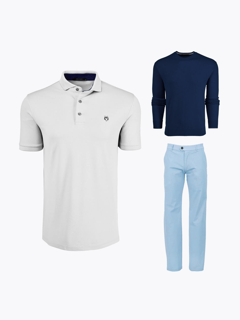 Joaquin Niemann PGA Round 2 Outfit - White Golf Polo, Navy Crewneck, Light Blue Trouser Bundle | Greyson Clothiers