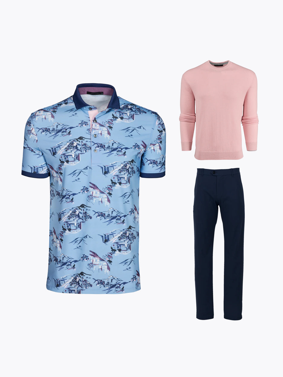 Joaquin Niemann Saturday PGA Outfit - Blue Toile Print Polo, Pink Sweater, Navy Trouser Flat Lay | Greyson Clothiers