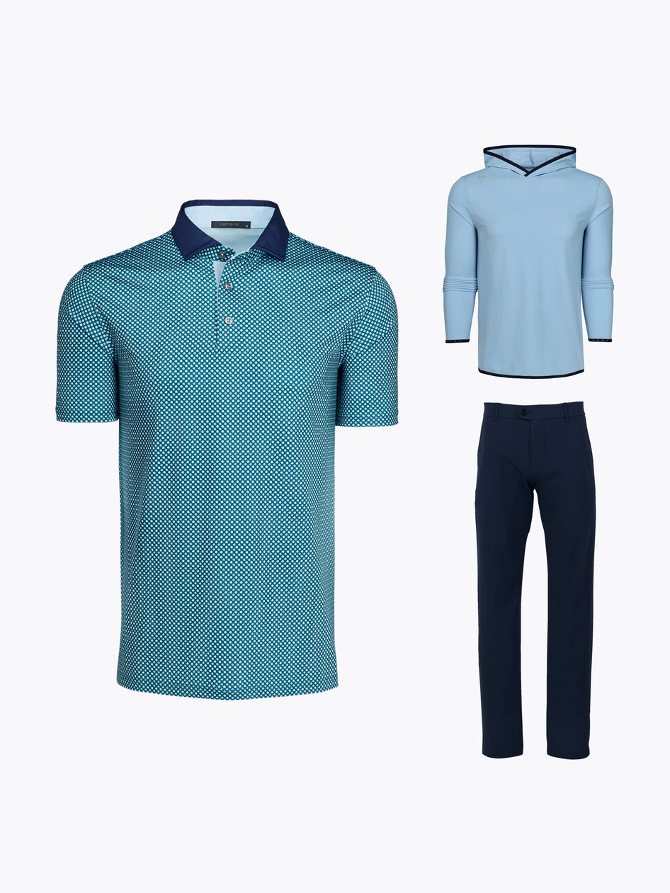 Joaquin Niemann PGA Sunday Script - Teal Print Polo, Light Blue Hoodie & Navy Golf Trouser Bundle | Greyson Clothiers