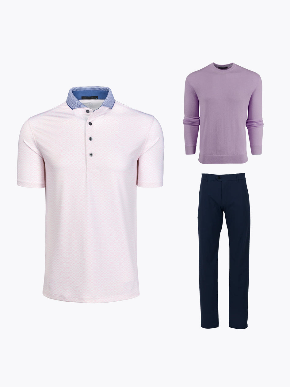 Jon Rahm US Open Thursday Outfit - Pink Golf Polo, Lavender Sweater & Navy Trouser Bundle | Greyson Clothiers