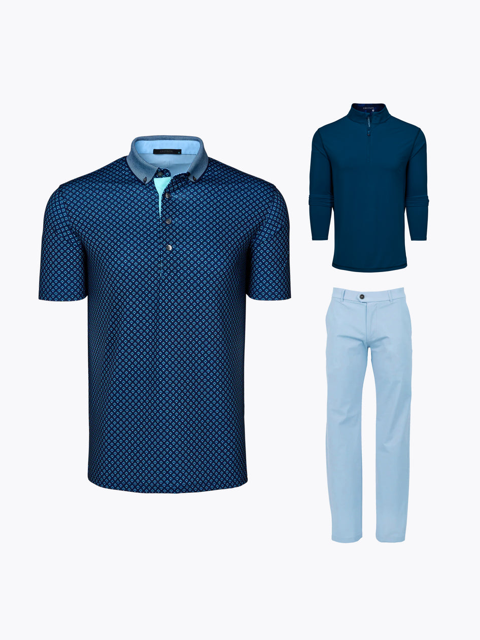 Jon Rahm US Open Friday Outfit - Navy Print Polo, Teal Quarter-Zip & Light Blue Trouser Bundle | Greyson Clothiers