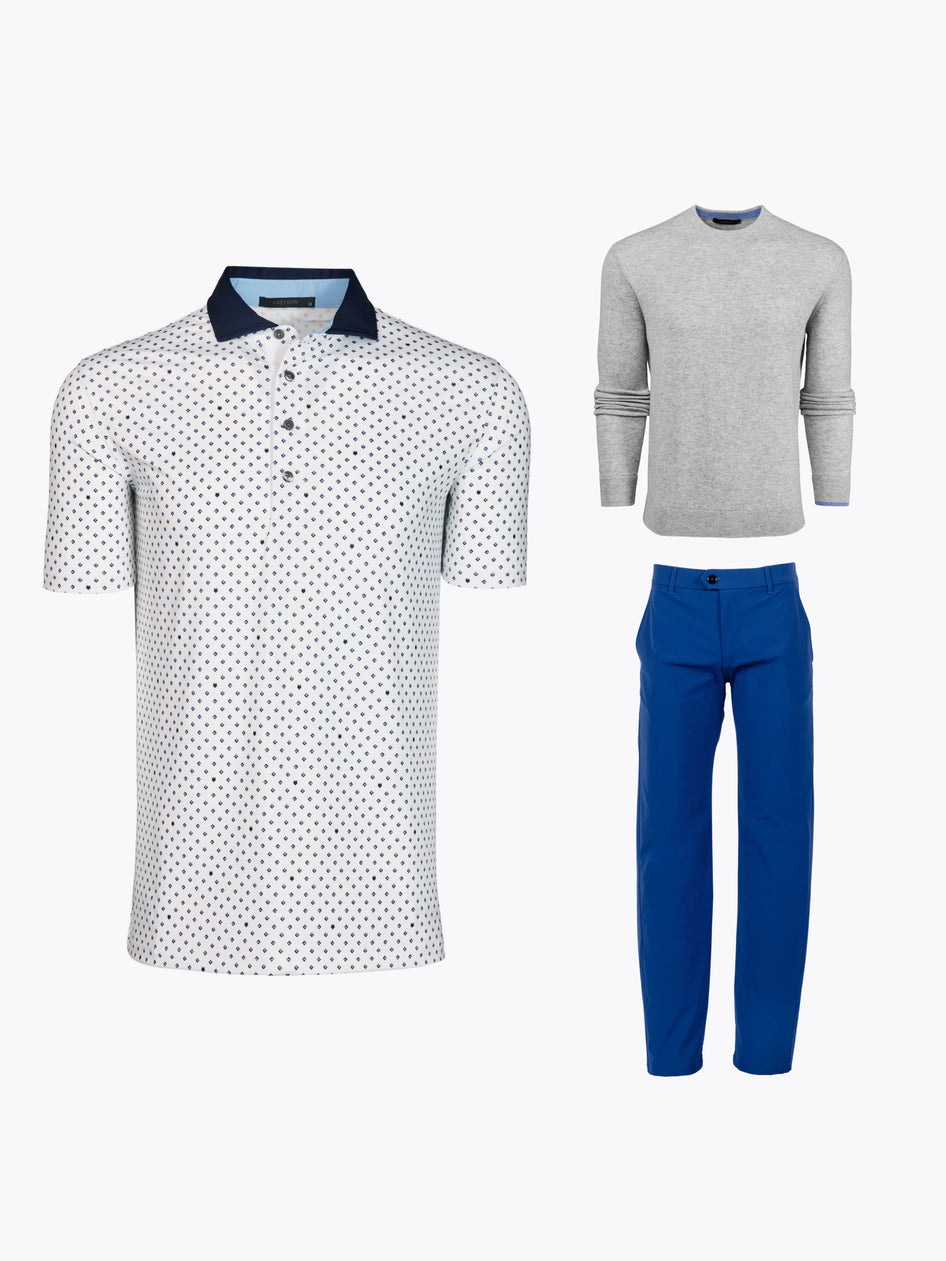 Jon Rahm Saturday US Open Bundle - White Print Polo, Grey Cashmere Sweater, Royal Blue Trouser | Greyson Clothiers