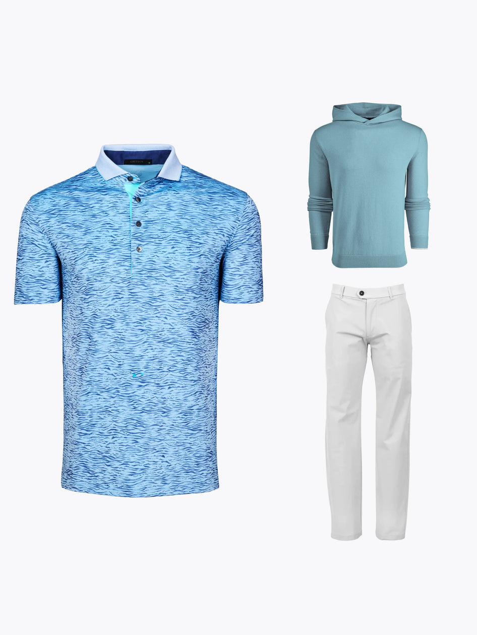 Jon Rahm US Open R4 Bundle - Blue Wave Print Polo, Teal Hoodie & Arctic Trouser | Greyson Clothiers