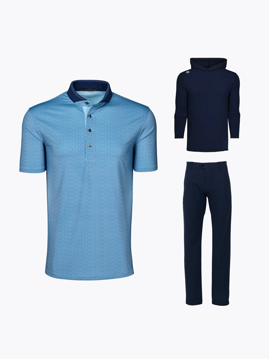 Blue Greek Key Print Golf Polo, Navy Hoodie & Performance Trouser Bundle - Flat Lay | Greyson Clothiers