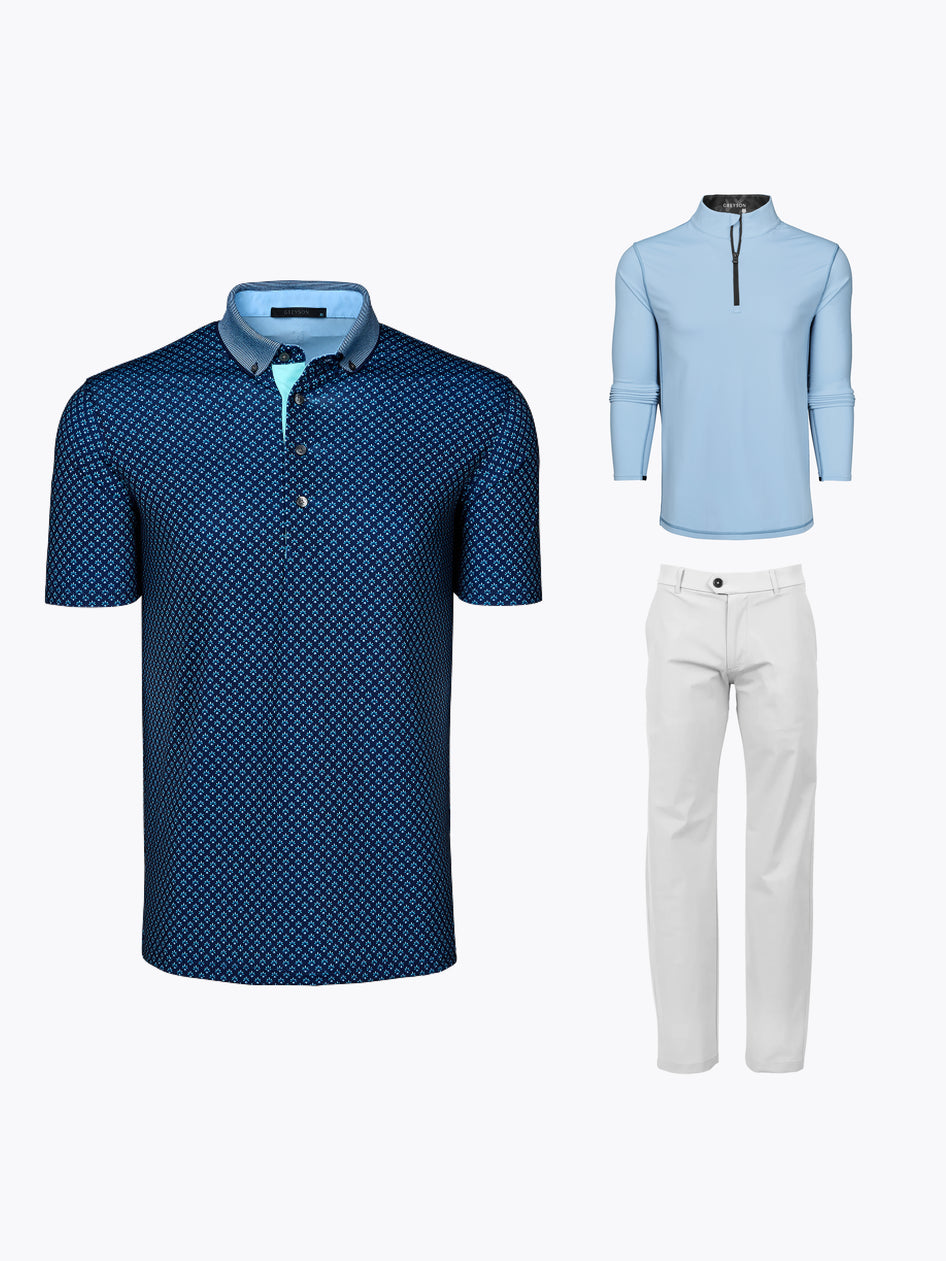 Navy Floral Print Golf Polo, Light Blue Quarter-Zip & Arctic Performance Trouser - Complete Look | Greyson Clothiers