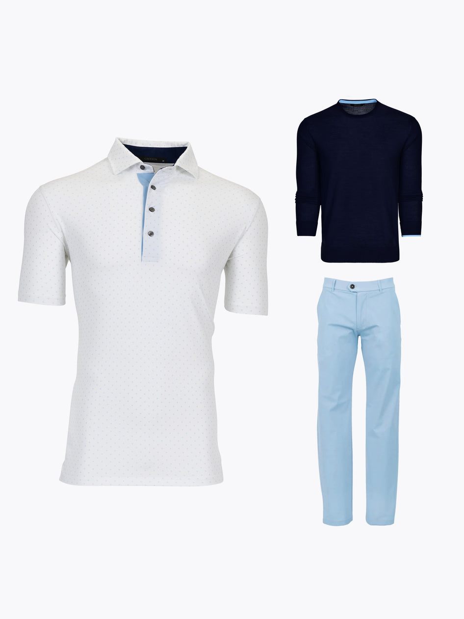 Arctic Dot Performance Golf Polo, Navy Merino Crewneck & Light Blue Montauk Trouser - Outfit Flat Lay | Greyson Clothiers