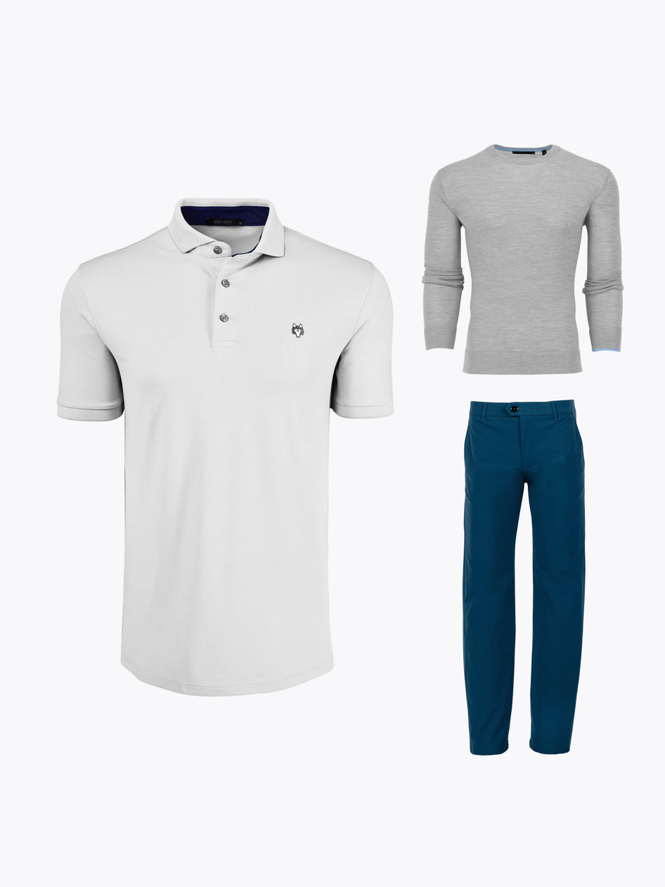 Men's Premium Golf Bundle - White Polo, Heather Grey Crewneck & Teal Performance Trouser - Flat Lay | Greyson Clothiers