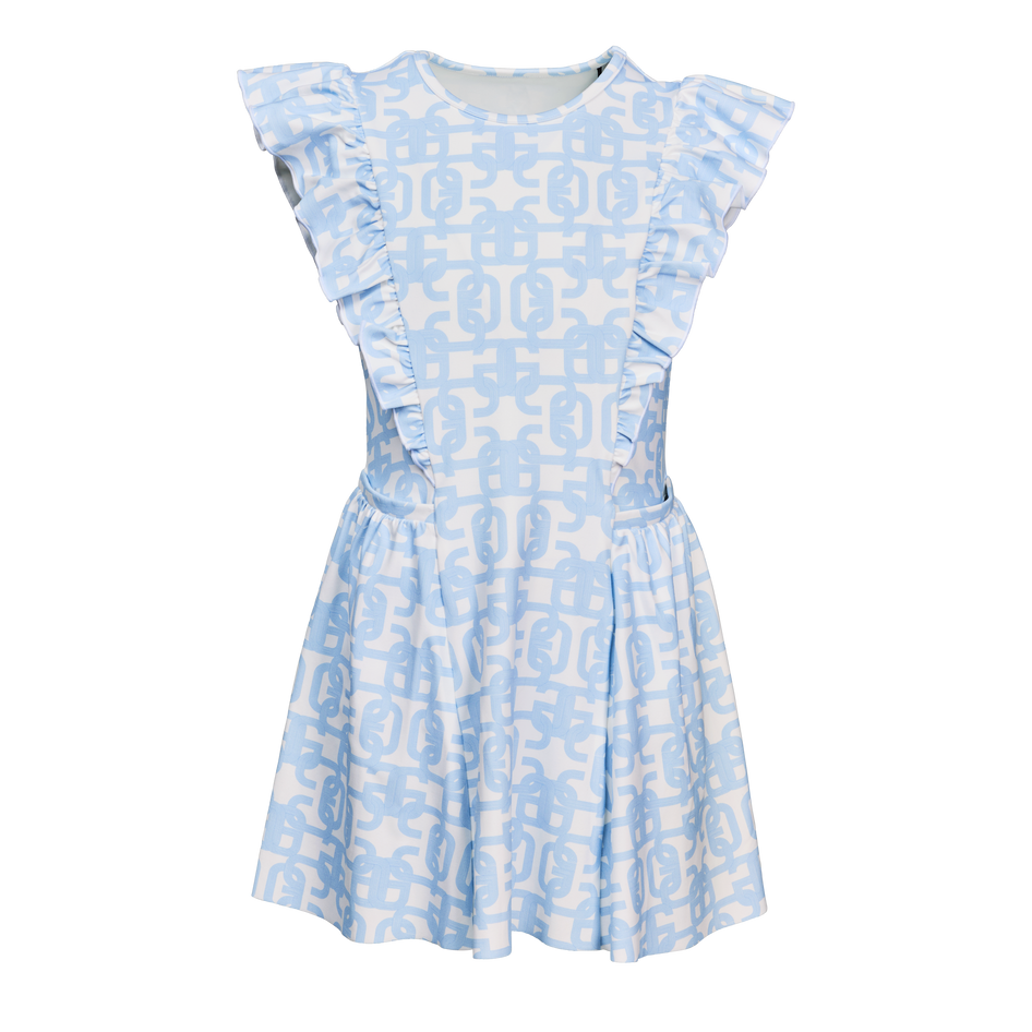 Wolf Blue Alpha Glyph Print Girls' Venus Dress with Ruffle Sleeves - Front View | Greyson Clothiers