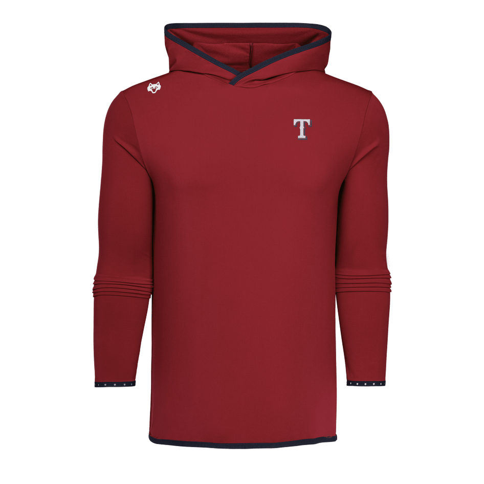 Varsity Red Texas Rangers Colorado Hoodie - Flat Lay, Rangers T Logo Detail | Greyson Clothiers