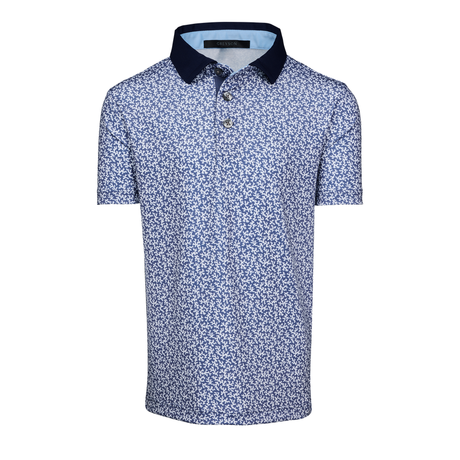 Falcon Youth Coral Dreams Short Sleeve Polo, Coral Print, Navy Collar - Front View | Greyson Clothiers