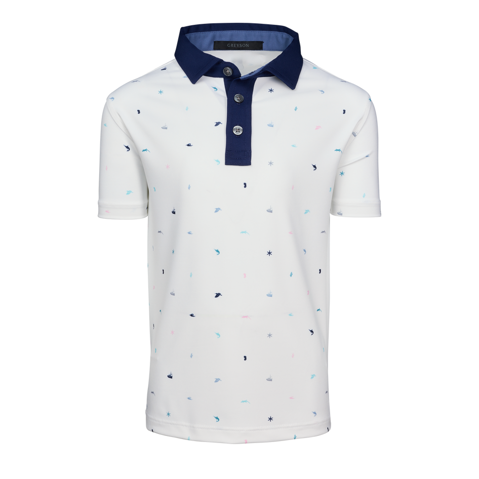 Arctic Boy's Spirit of Mallorca Short Sleeve Polo, Navy Contrast Collar, Nautical Print - Front View | Greyson Clothiers