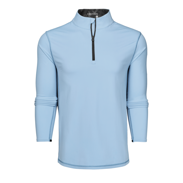 Arctic Blue Technical Nylon Quarter-Zip Golf Midlayer - Front View, Ribbed Cuff & Contrast Zip Detail | Greyson Clothiers