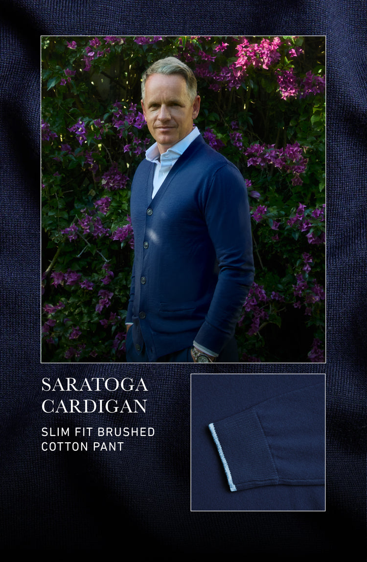 Man wearing a blue cardigan and pants with floral background, featuring 'Saratoga Cardigan' text.