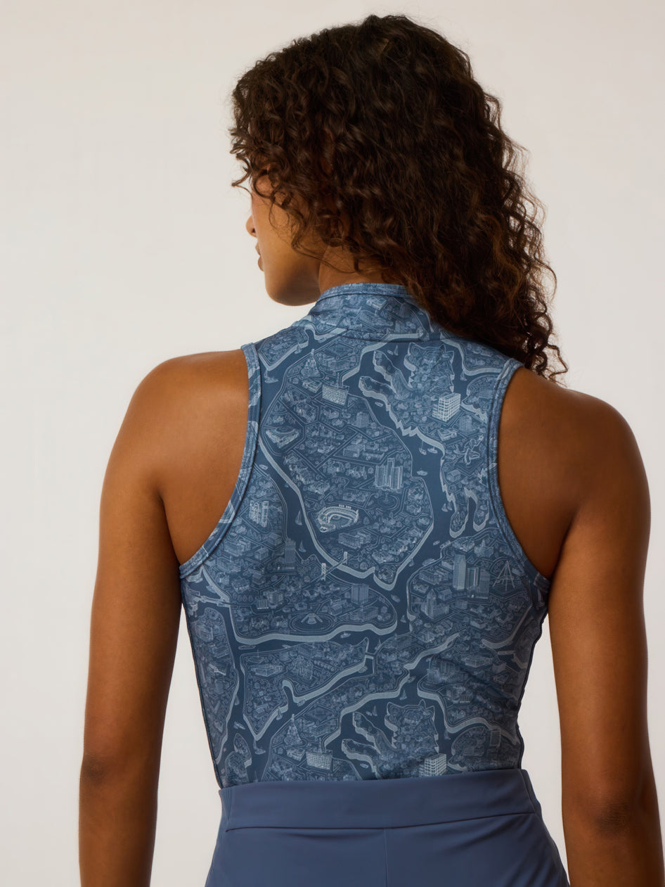 Greyson Clothiers Utopia Sleeveless Vesta Mock Neck Top in VINTAGE INDIGO
