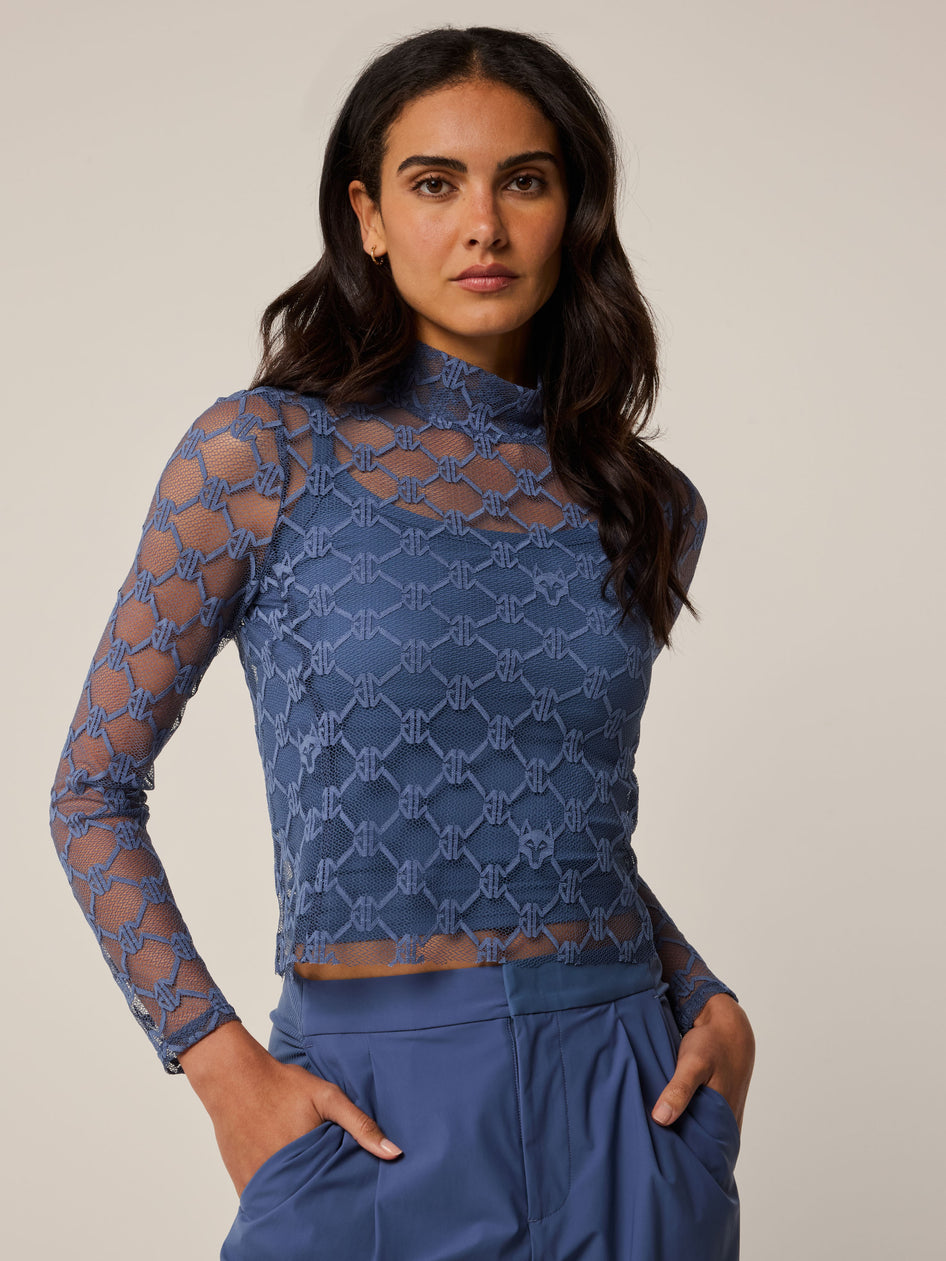 Greyson Clothiers Wolf Links Lace Long Sleeve Mock Neck Top in VINTAGE INDIGO