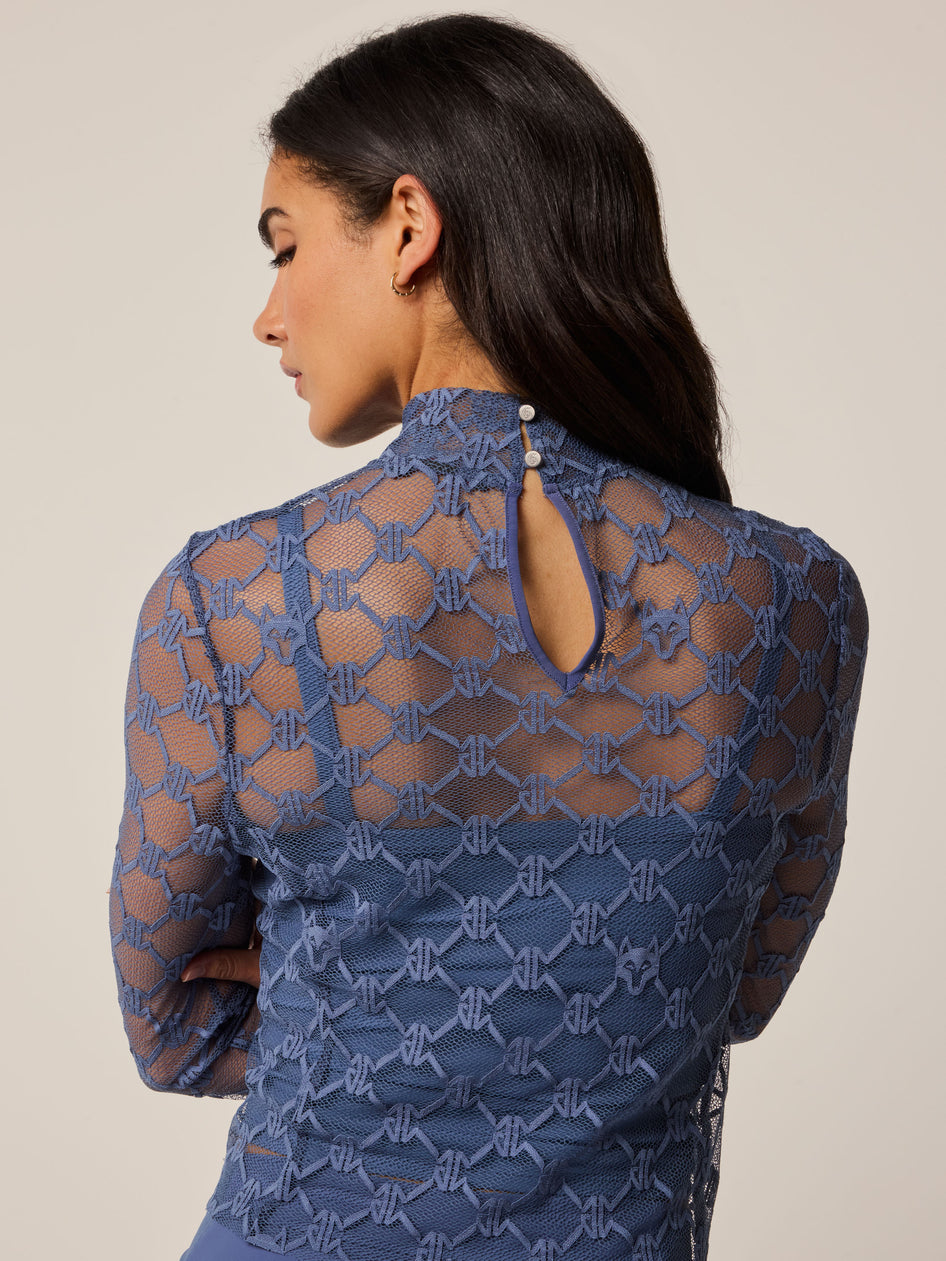 Greyson Clothiers Wolf Links Lace Long Sleeve Mock Neck Top in VINTAGE INDIGO