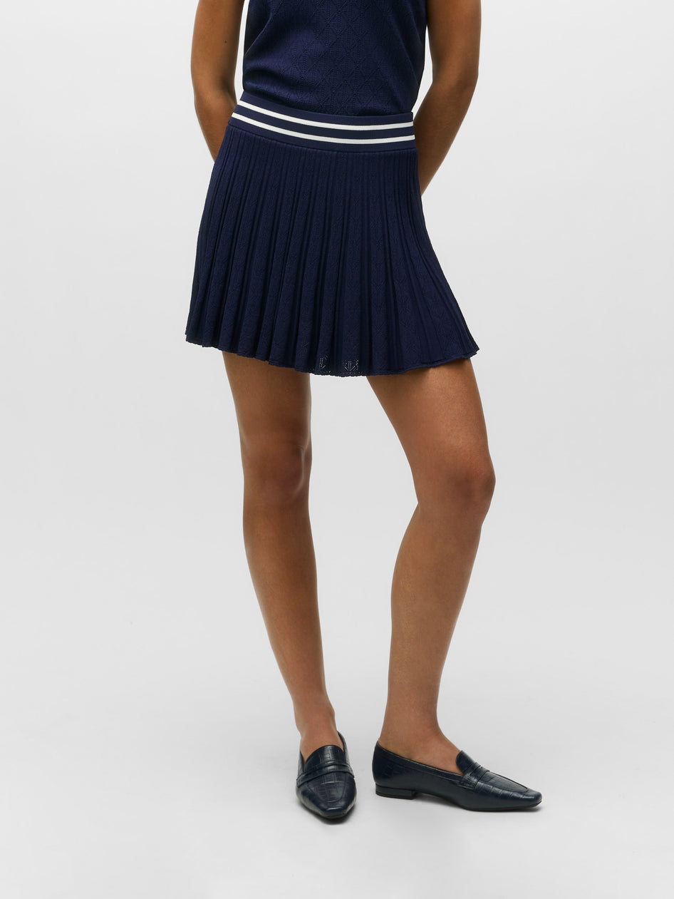 Wolf Blue Pointelle Skirt - Front View, Women's Pleated Golf Skirt with White Stripe Waistband | Greyson Clothiers