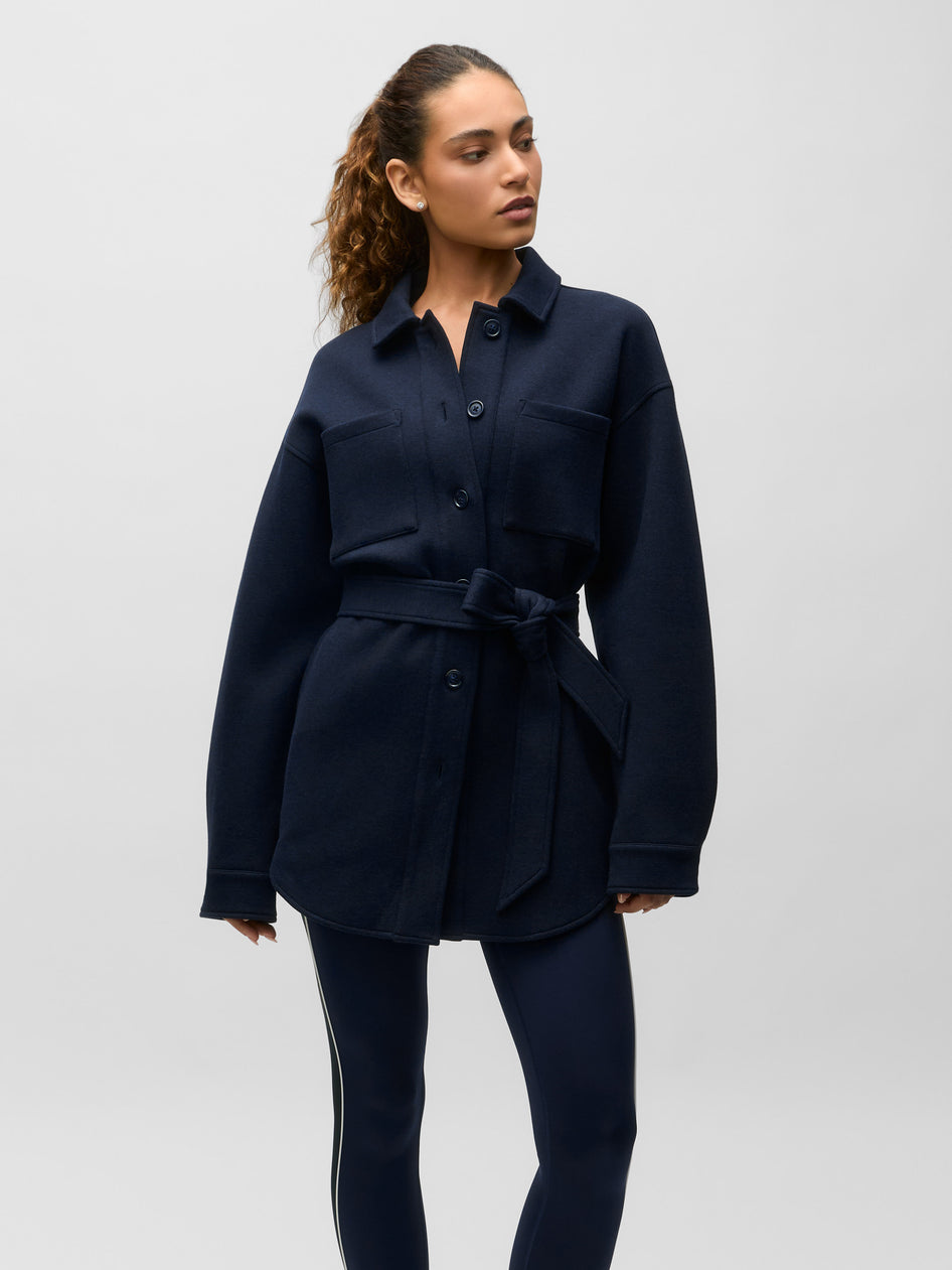 Midnight Maltese Ojai Button-Down Shacket, Belted Women's Layer, Front View On Model | Greyson Clothiers