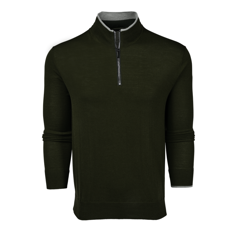 Olive Green Merino Wool Saratoga Quarter-Zip Sweater - Front View | Greyson Clothiers