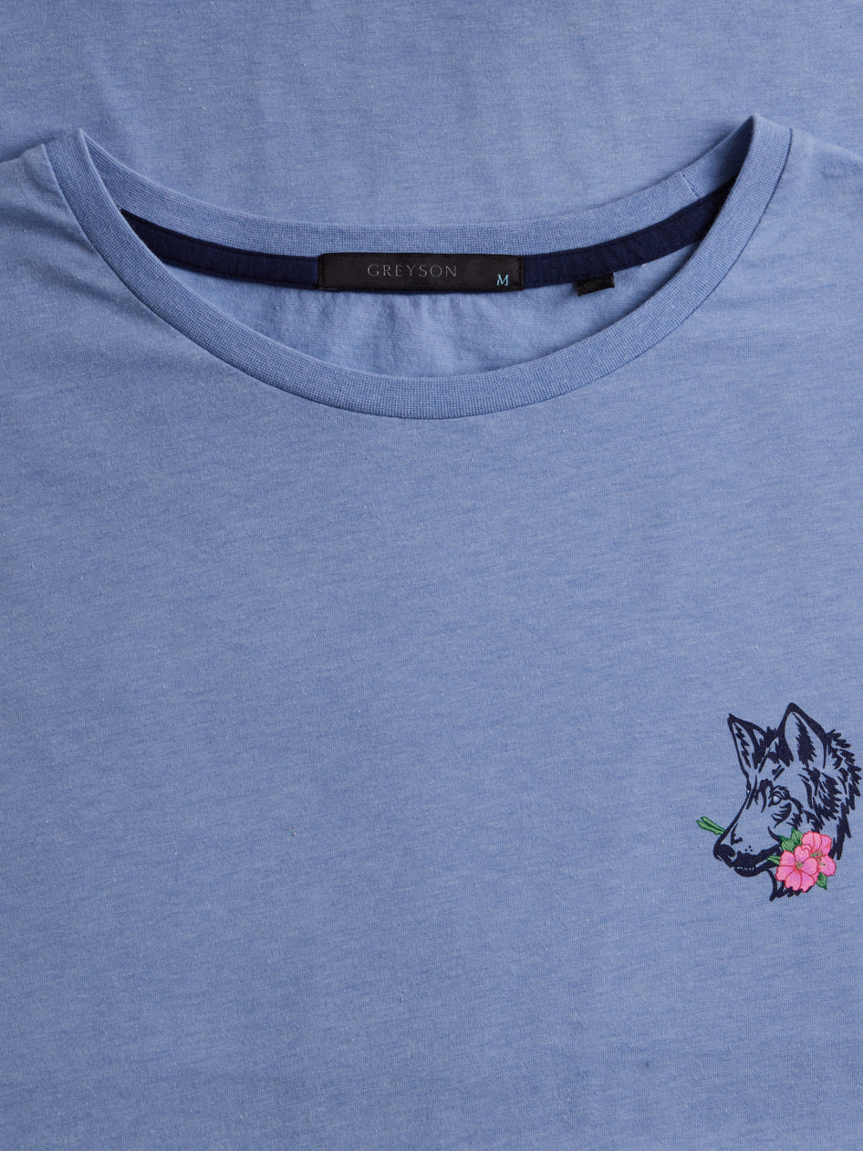 Greyson Clothiers Garden Of Wolves Spirit Crewneck Tee in WOLF BLUE