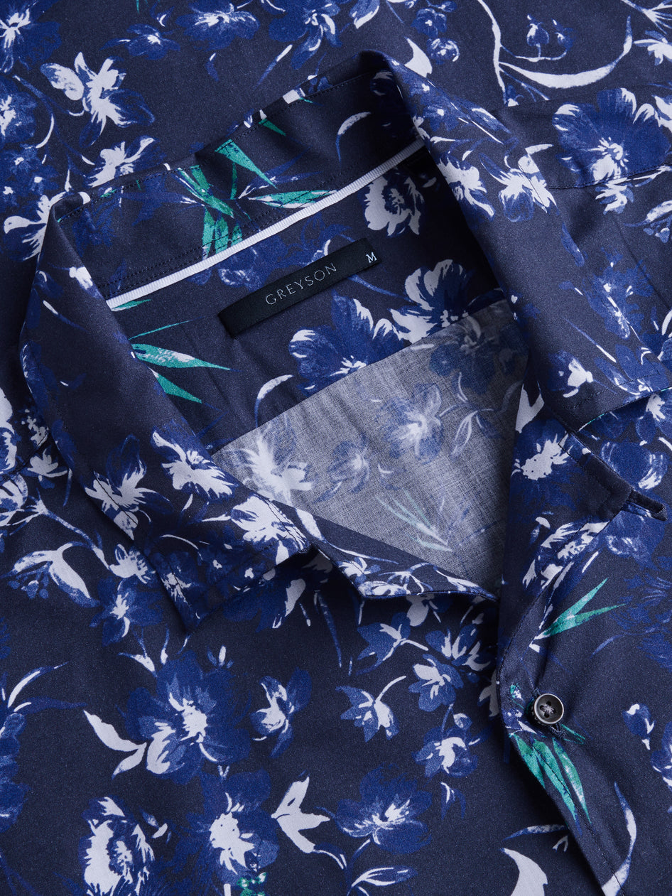 Greyson Clothiers Dark Floral Lincoln Camp Shirt in MALTESE BLUE