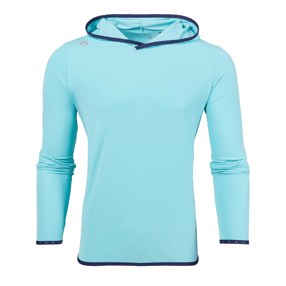 Stingray Aqua Greyson Colorado Hoodie - Front View, Funnel Hood & Navy Contrast Trim | Greyson Clothiers