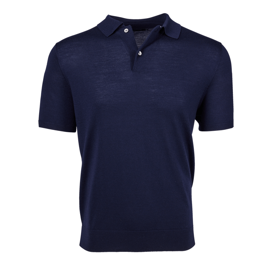 Wolf Blue Merino Wool Saratoga Short Sleeve Sweater Polo - Front View, Ribbed Hem | Greyson Clothiers