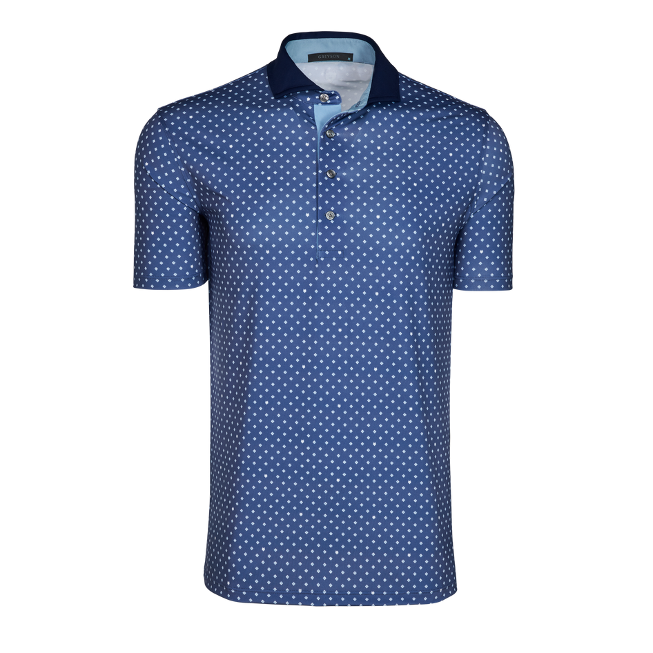 Falcon Blue Greyson G Squared Short Sleeve Polo - Monogram Print, Contrast Collar - Front View | Greyson Clothiers